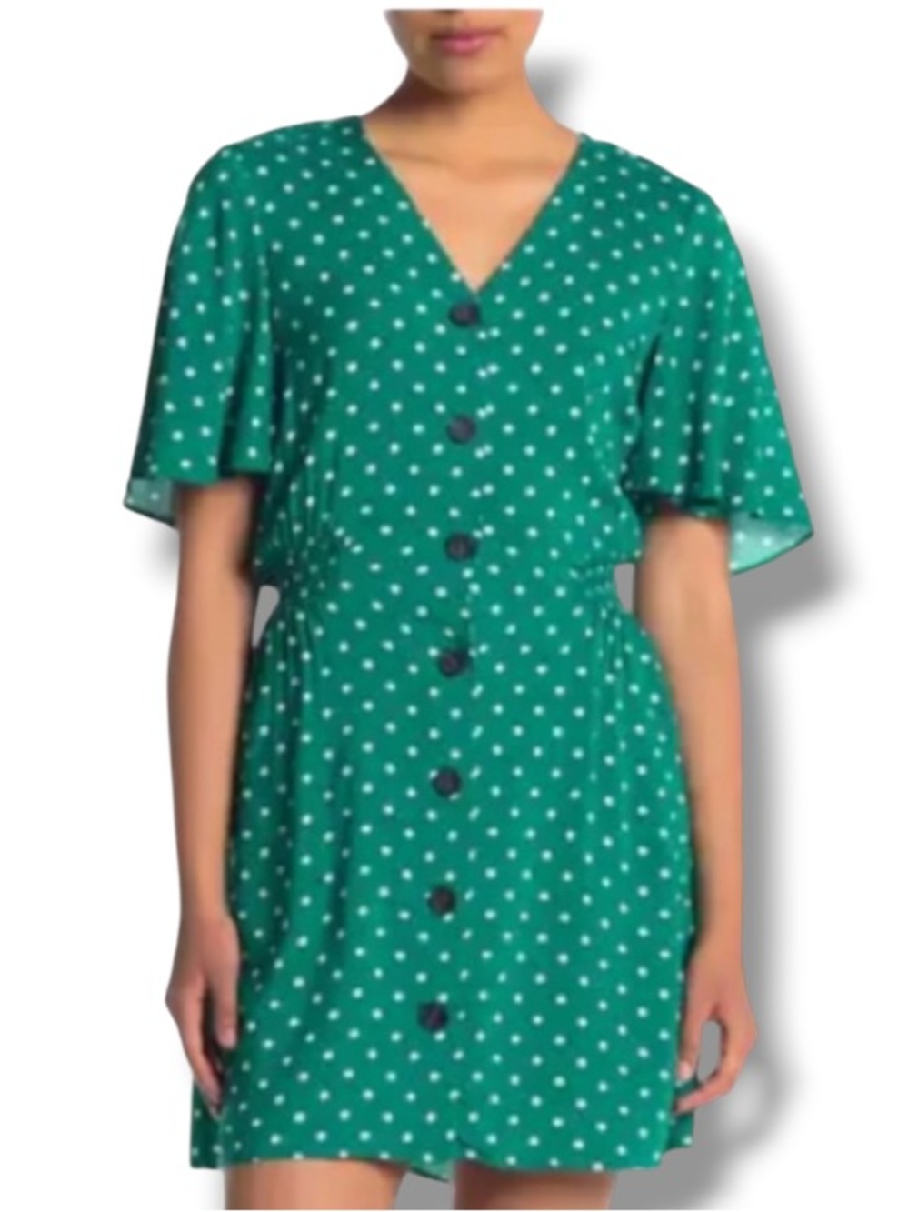 Abound Green Polka Dot Dress Flutter Sleeve Button Front Retro look pinup